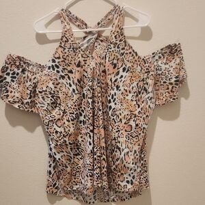 Cream and Brown Ruffled Sleeveless Blouse